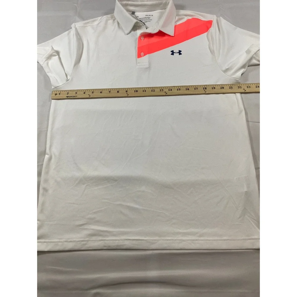 Under Armour Mens Playoff Polo Shirt White Neon Orange HeatGear Loose Fit Large‎